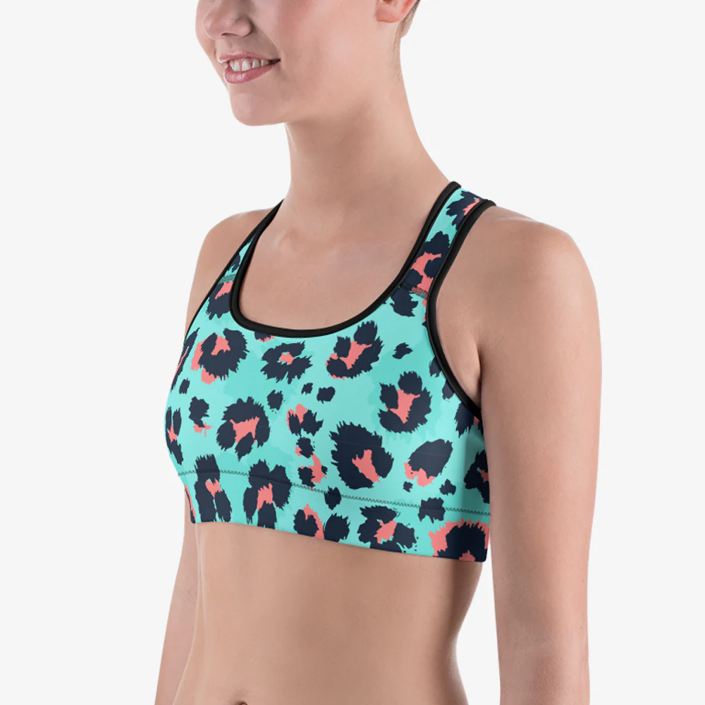 Animal Printed Sports Bra "BeePard" Turquoise/PInk - Image 3