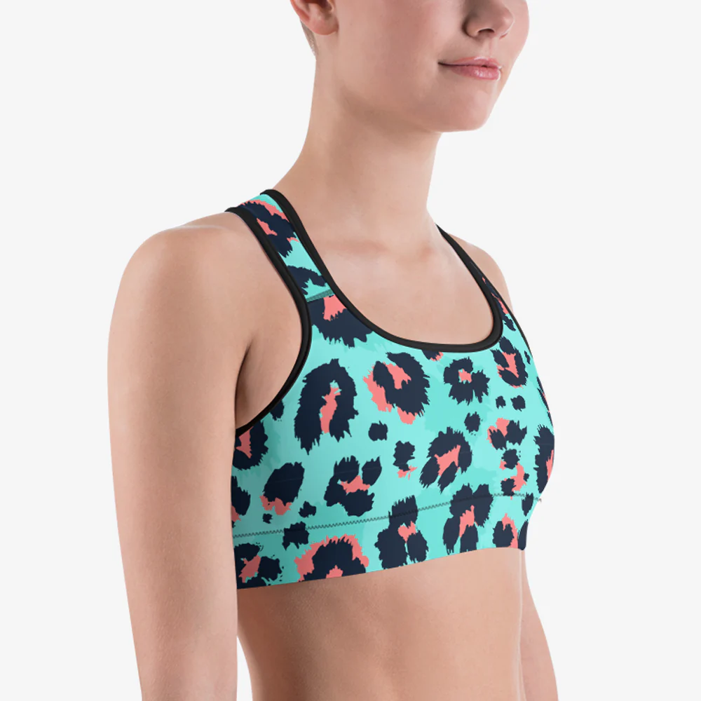 Animal Printed Sports Bra "BeePard" Turquoise/PInk - Image 4