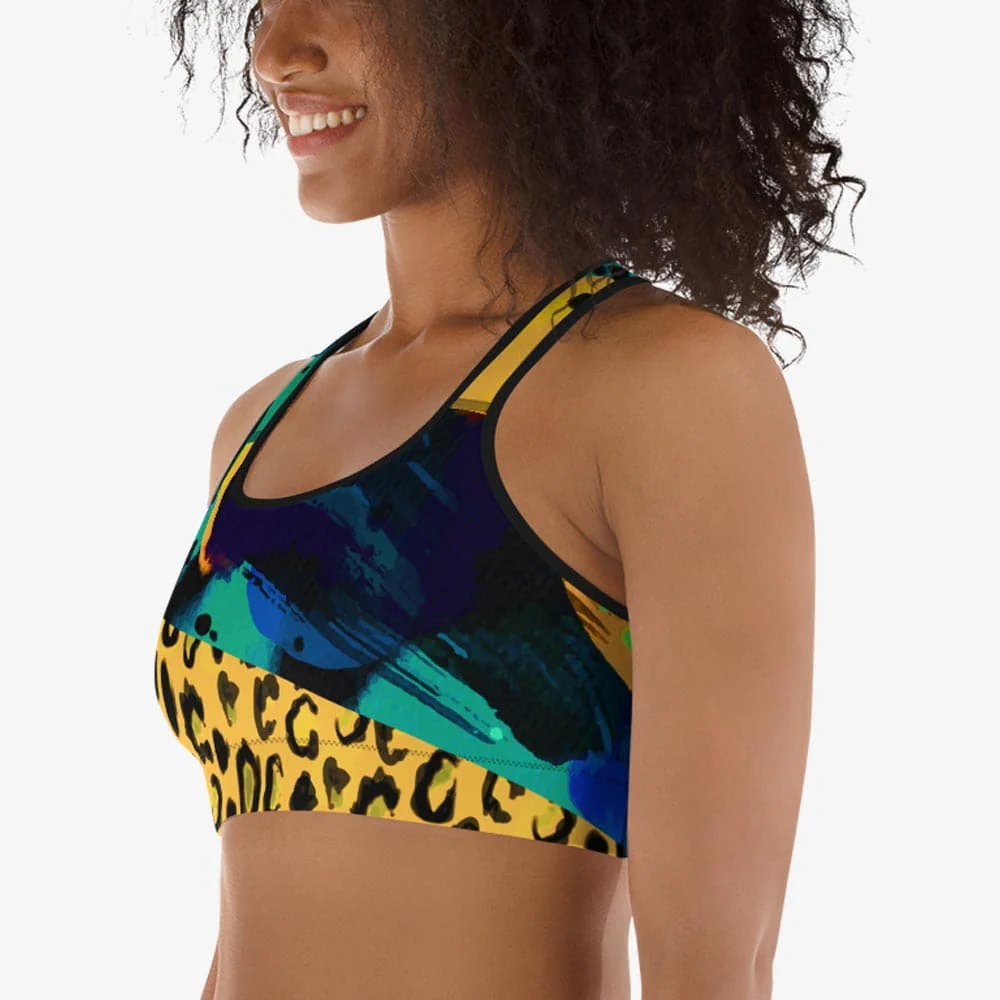 Animal Printed Sports Bra "Wild Canvas" Blue/Yellow - Image 3