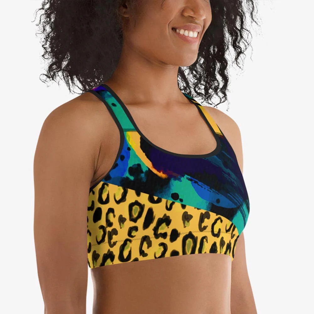 Animal Printed Sports Bra "Wild Canvas" Blue/Yellow - Image 4