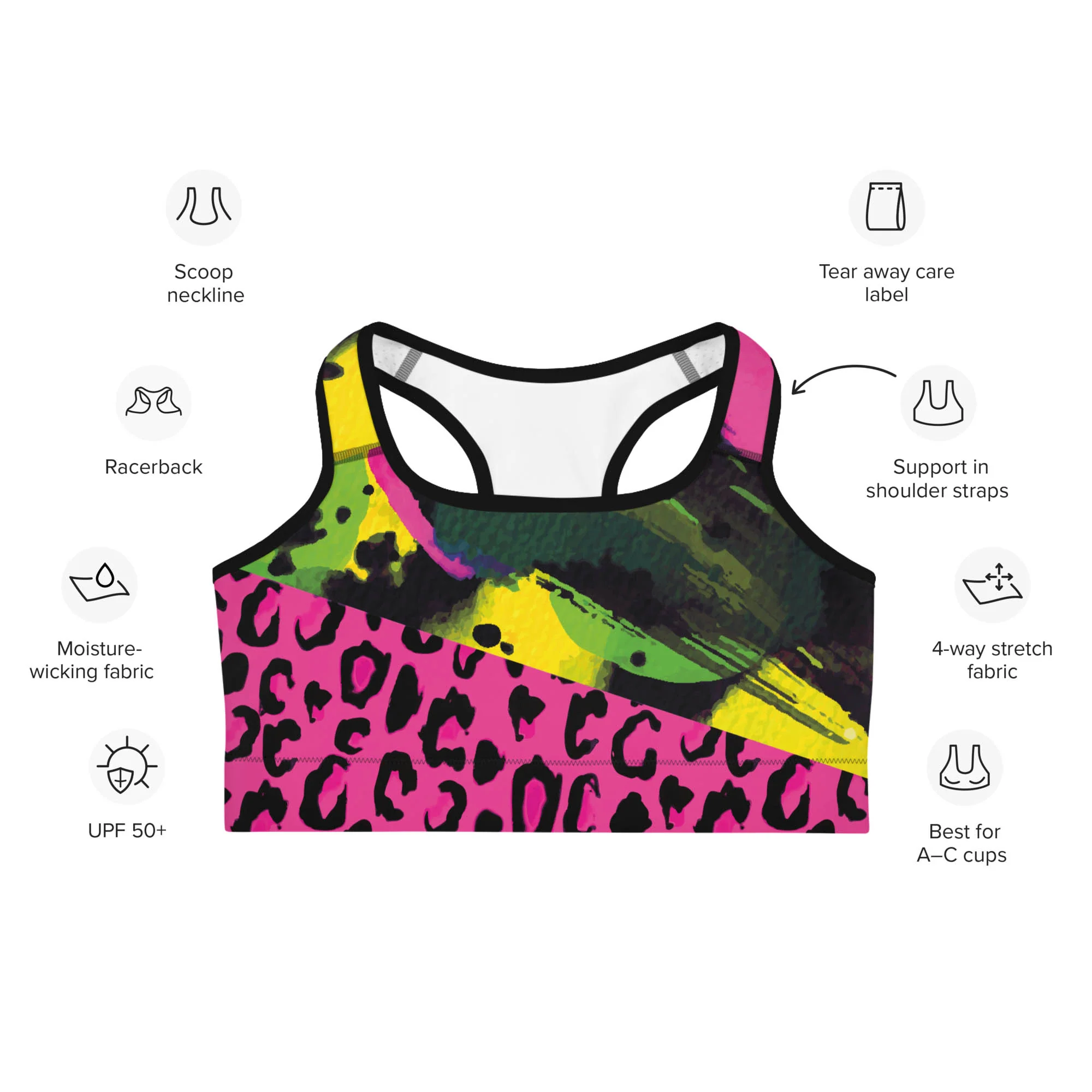 Animal Printed Sports Bra "Wild Canvas" Green/Pink/Yellow - Image 3
