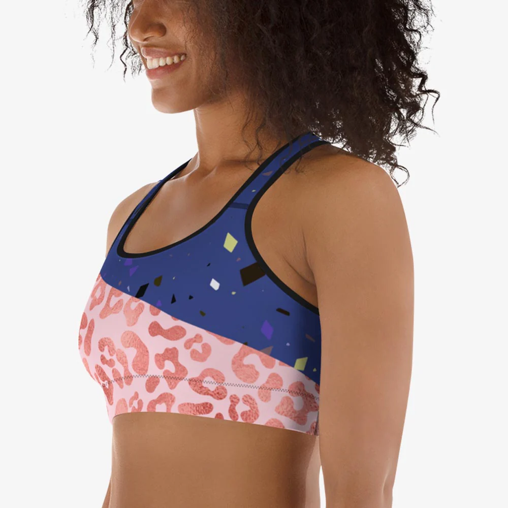 Animal Printed Sports Bra "Wild Confetti" Blue/ Rose Gold - Image 3