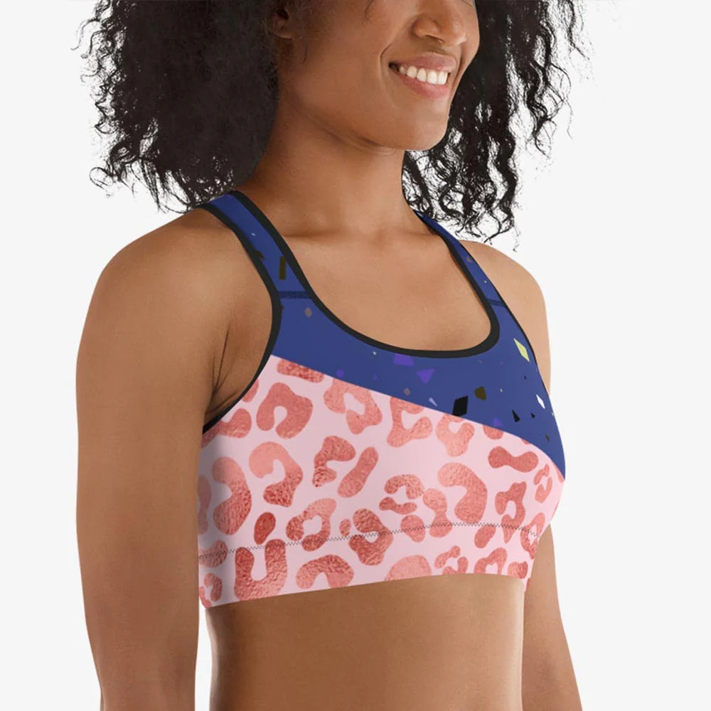 Animal Printed Sports Bra "Wild Confetti" Blue/ Rose Gold - Image 4