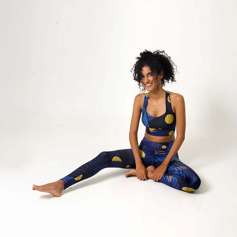 Floral Leggings "Fireflies" Blue/Yellow - Image 3