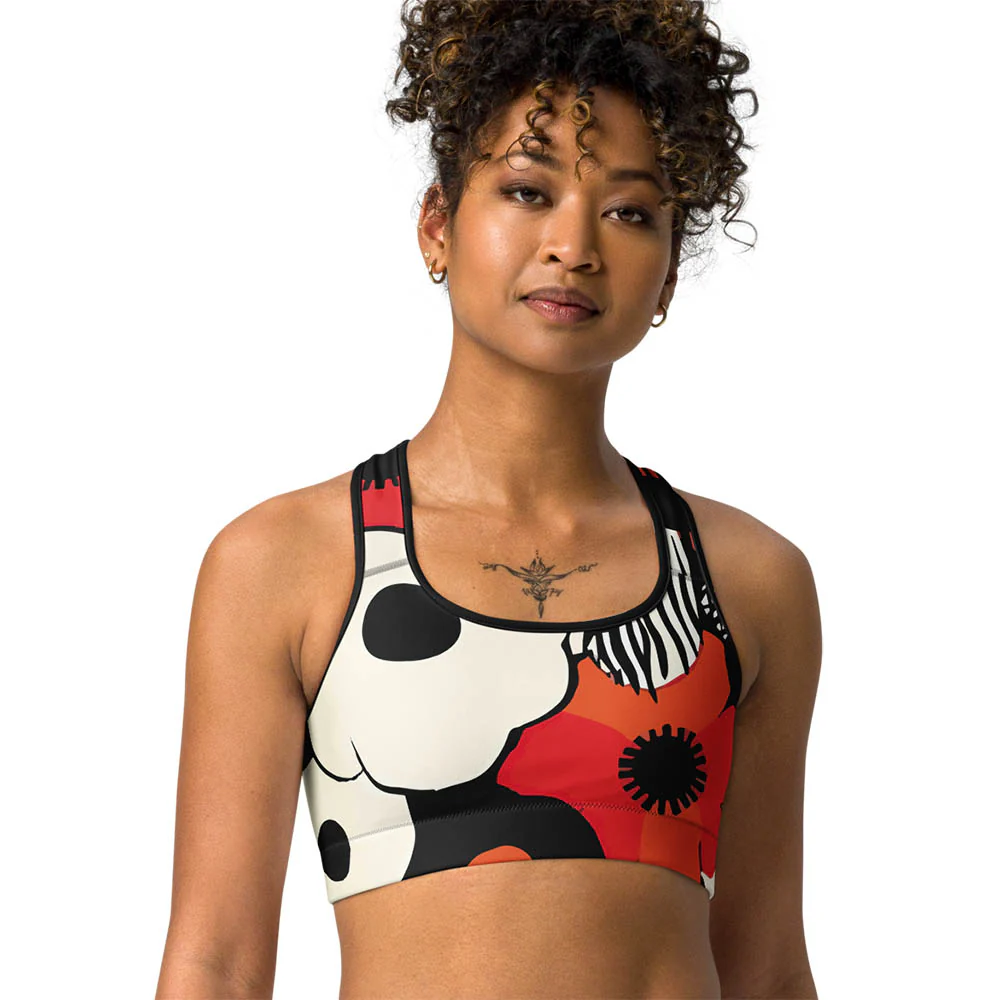 Floral Sports Bra "Zebra Blossom" Black/Red/Orange - Image 3