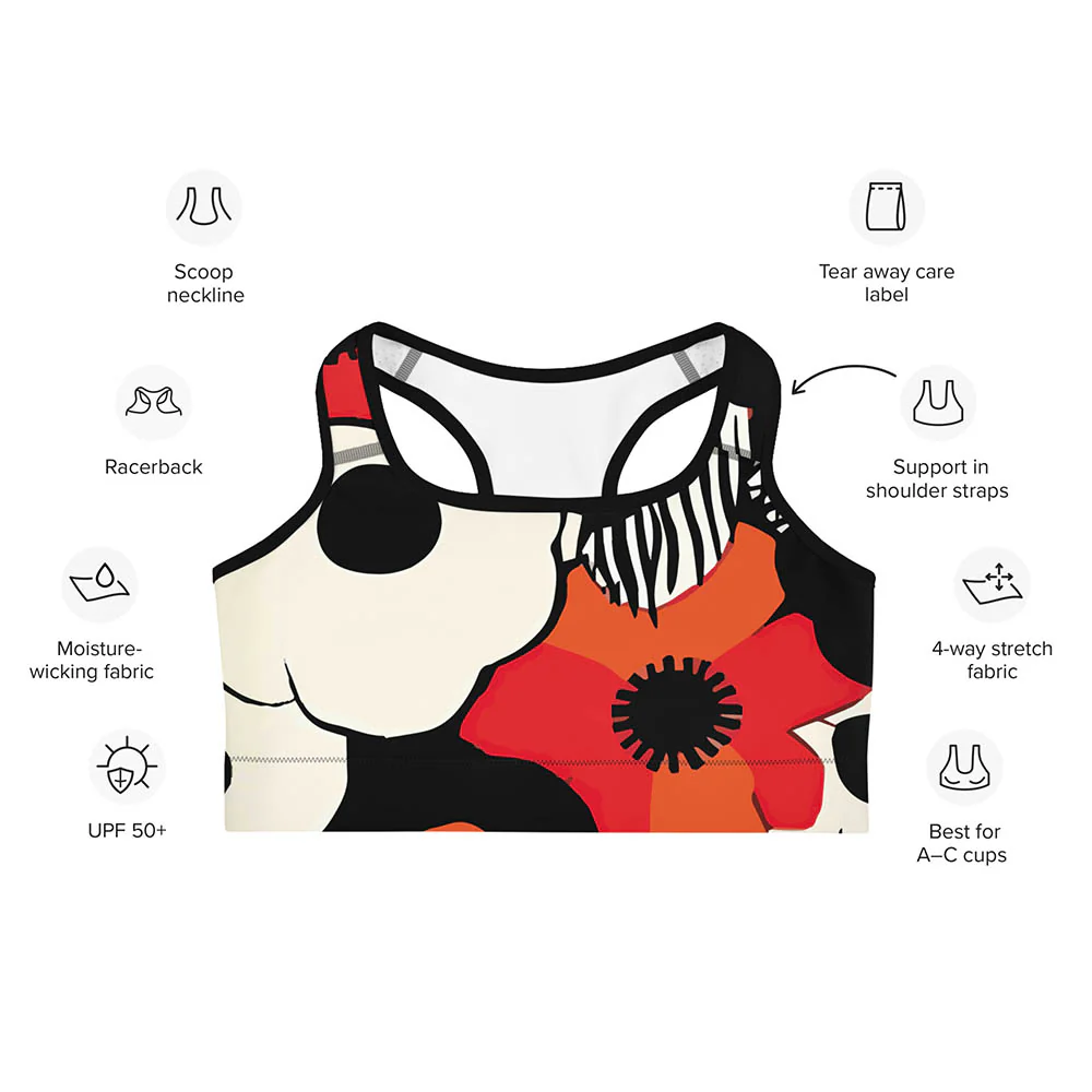 Floral Sports Bra "Zebra Blossom" Black/Red/Orange - Image 4