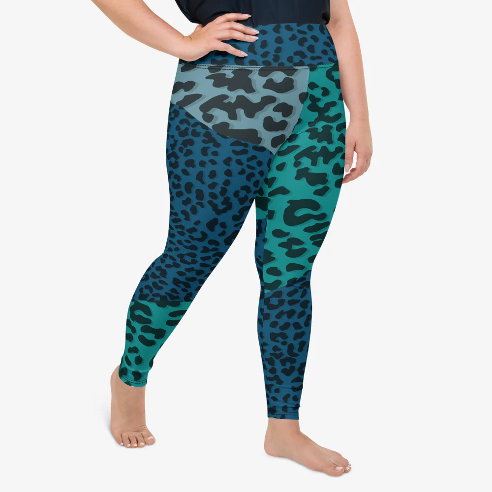 Plus Size Animal Printed Leggings "FrankenCheetah" Blue/Teal - Image 5